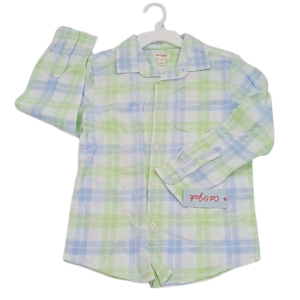Cat & Jack Plaid Button Down Shirt Blue Green Check Collared Long Sleeve Boys M